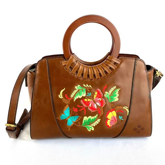 Patricia Nash Lyon Embroidered Satchel Handbag Brown Leather Butterfly Crossbody - Picture 1 of 10
